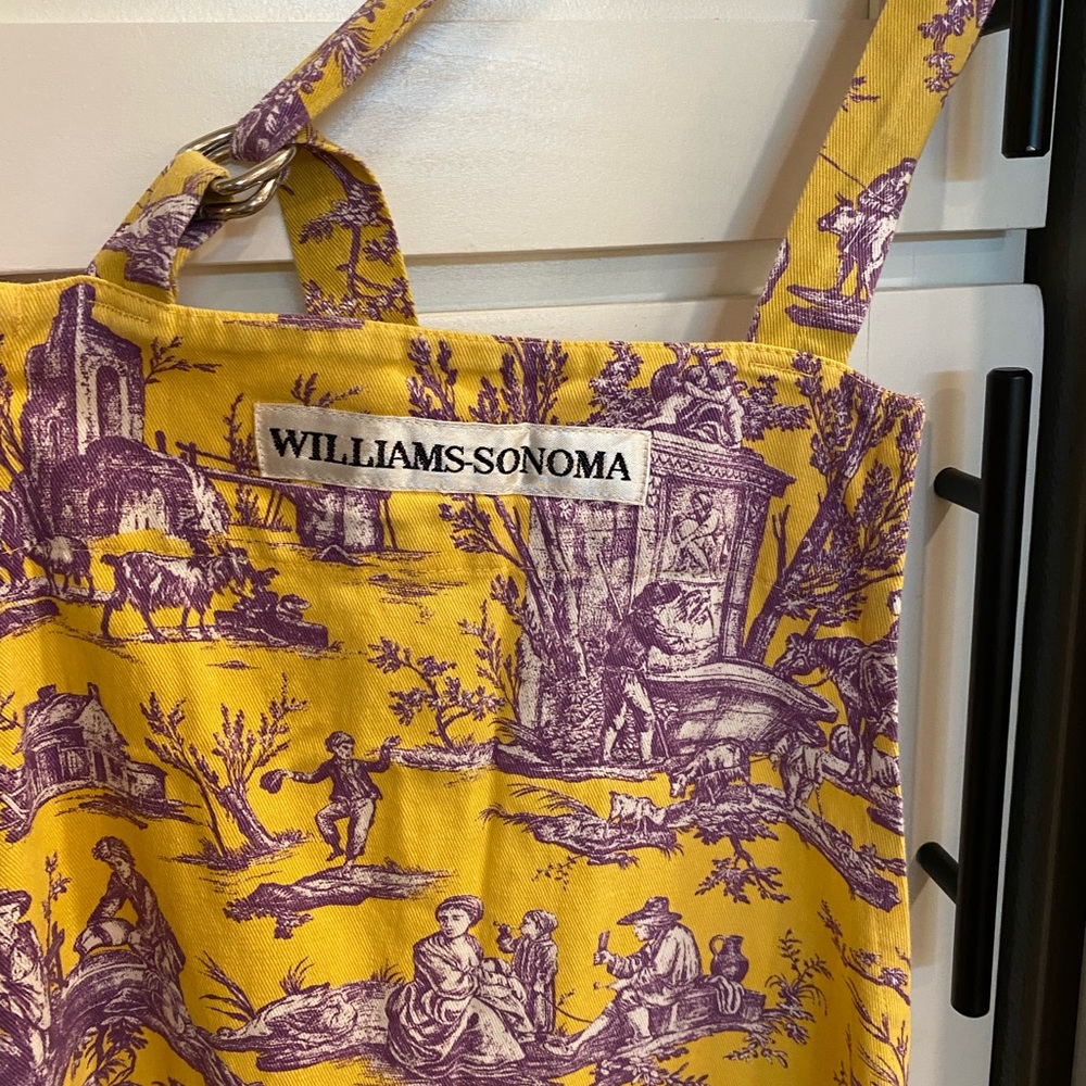 Williams Sonoma Juliette toile apron Mardi Gras purple and yellow LSU football